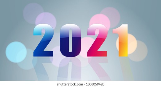 2021 New year colorful festive background with glossy numbers and glowing bokeh lights