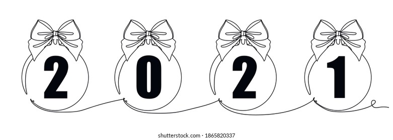 2021 New Year concept. Continuous one line drawing Christmas ball with ribbon. Perfect for cards, party invitations, posters, stickers. Vector illustration.