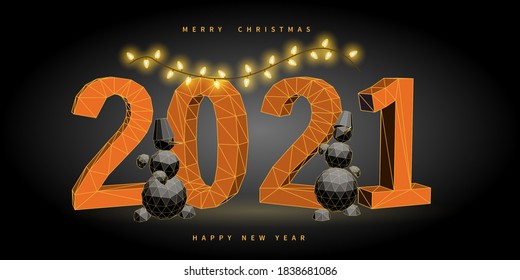2021. New year concept with snowmans and gold christmas tree in polygonal cartoon style on dark  background.