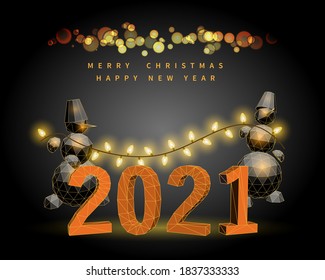 2021 New year concept with two snowmans and gold christmas tree in polygonal cartoon style on dark  background.