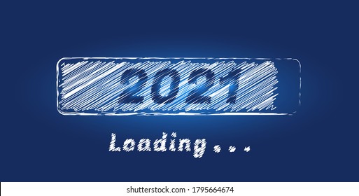 2021 New Year concept with white sketch loading progress bar isolated on a blue background. Design for holiday banner, poster, greeting card or invitation template. Vector illustration for new year