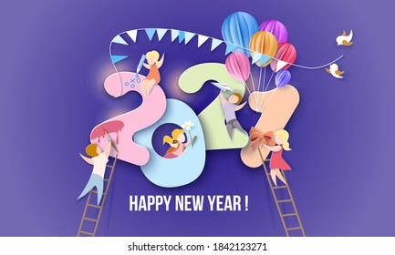 2021 New Year design card with kids on purple background. Vector illustration. Paper cut and craft style.