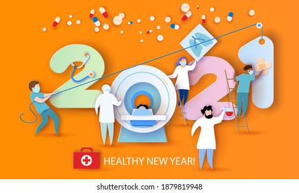 2021 New Year design card with Doctor team and medical health care professionals fighting with coronavirus pandemic COVID-19. Vector illustration. Paper cut and craft style. Healthy New Year