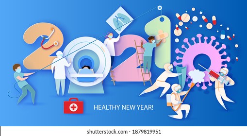 Tarjeta de diseño de Año Nuevo 2021 con el equipo de médicos y profesionales de la salud que luchan con la pandemia del coronavirus COVID-19. Ilustración vectorial. Cortado de papel y estilo artesanal. Año Nuevo saludable 