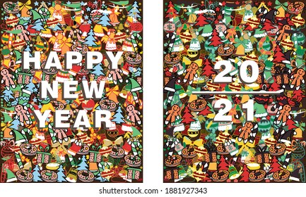 2021 New Year design card with kids on blue, black winter background. Vector illustration. Paper cut art and craft style.