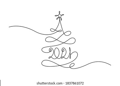 2021 New Year design in continuous line art drawing style. Christmas tree with 2021 year lettering. Minimalist black linear sketch isolated on white background. Vector illustration