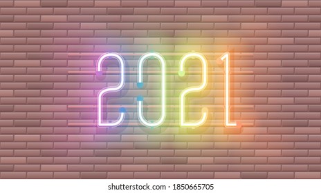 2021 Design Vorlage Dekoration für Neujahr. Alles Gute zum Neujahr 2021 im Neondesign auf Backsteinmauern. Vektor realistisch isoliert 2021 Neon Text. Lichtbanner. Vektorgrafik