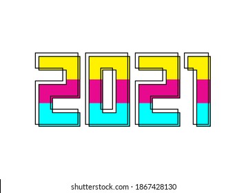 2021 new year design vector template. Pink, blue, yellow cmyk color on black background. 