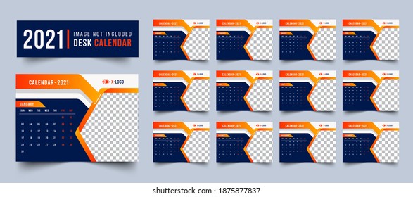 2021 new year Desk calendar template, abstract design,  2021 new year calendar, Week Starts on Monday. Set of 12 Months
