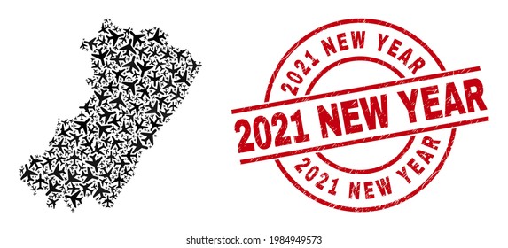 2021 New Year distress seal stamp, and Castellon Province map collage of airplane items. Collage Castellon Province map created with aviation items. Red badge with 2021 New Year word,
