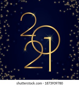 2021 New Year Elegant Design. Happy New Year Square Banner with 2021 Logo in Golden Numbers and Luxury Navy Background with Glitter Decorations.