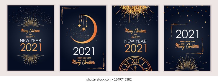 2021 new year. Fireworks, golden garlands, sparkling particles. Set of Christmas sparkling templates for holiday banners, flyers, cards, invitations, covers, posters. Vector illustration.