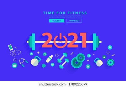 2021 new year fitness concept workout typography alphabet design with equipment. Vector illustration flat modern layout template