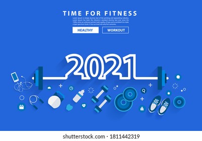 2021 New Year Fitness Concept Workout Typography Alphabet Design With Equipment. Vector Illustration Flat Modern Layout Template