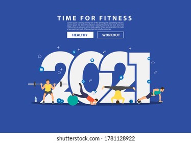 2021 new year fitness ideas concept man workout gym equipment with flat big letters. Vector illustration modern layout template design 