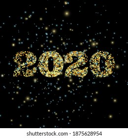 2021 New Year. Glitter Gold Confetti. Holiday Greeting Card. Isolated Vector. 2021 Merry Christmas Banner. Shiny Party Background. Xmas present. Bright decoration. Falling Confetti. Xmas celebration.