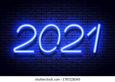 2021 New Year glowing blue neon signboard on brick wall. Vector illustration.