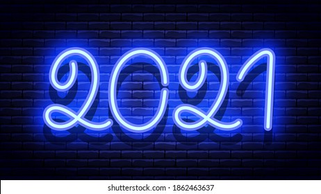 2021 New Year glowing blue neon signboard on brick wall. Vector illustration.