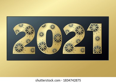 2021 Neujahr Gold und Schwarz Symbol mit Sternen. Vektorgrußkarte. Goldener Banner für Feiern, Glückwünsche, Web, Design, Dekoration