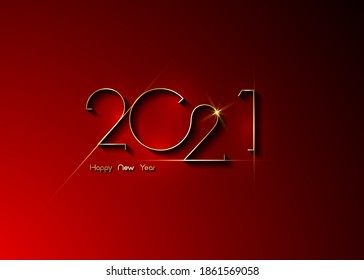 2021 New Year gold numbers logo business template. Christmas theme, vector illustration. Holiday design for greeting card, invitation, calendar, party, golden luxury vip, isolated on red background 