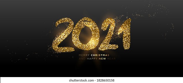 2021 New Year golden glitter and sparkles bright design. Christmas holiday invitation template. Xmas cover. Vector illustration