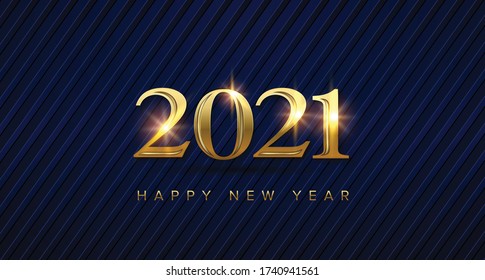 2021 new year with golden number and light on blue background. Golden 2021 new year