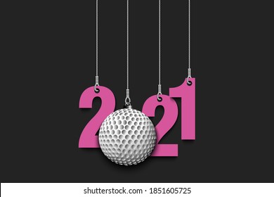 2021 New Year and golf ball as a Christmas decorations hanging on strings. 2021 hang on cords on an isolated background. Design pattern for greeting card. Vector illustration