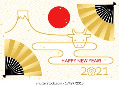 2021 New Year greeting card, Zodiac cow and Mt. Fuji, first sunrise, red and white fan