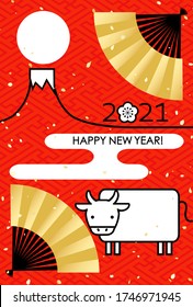 2021 New Year greeting card, Zodiac cow and Mt. Fuji, first sunrise, red and white fan