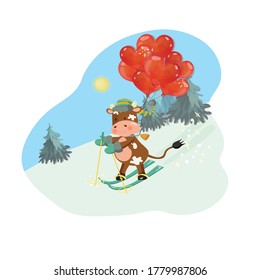 2021 new year greeting card with a bull skiing with heart shaped air balloons. Outdoor scene with spruce forest. Vector illustration.