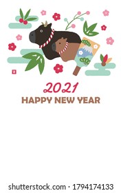 2021 new year greeting card template illustration / cartoon ox (cow) family ornament. Translation: ga (New year greeting word)