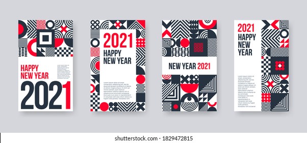 2021 new year greeting card set. Poster set with geometric shapes and pattern. Monochrome design with red elements. Design for greeting card, poster, cover, invitation, Vector illustration.