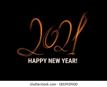 2021 New year hand drawn lettering. Light writing trace holiday festive vector background. Sparklers motion star tail.