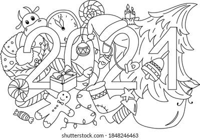 2021 New Year hand lettering doodles elements background. Vector illustration