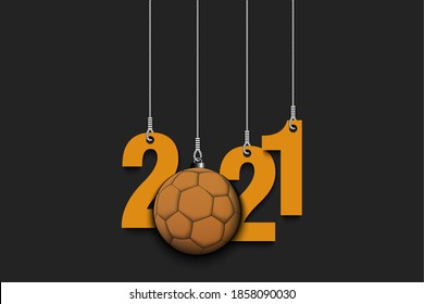 2021 New Year and handball ball as a Christmas decorations hanging on strings. 2021 hang on cords on an isolated green background. Design pattern for greeting card. Vector illustration
