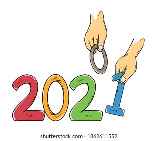 2021 new year with hands exchanging numbers. cartoon illustration