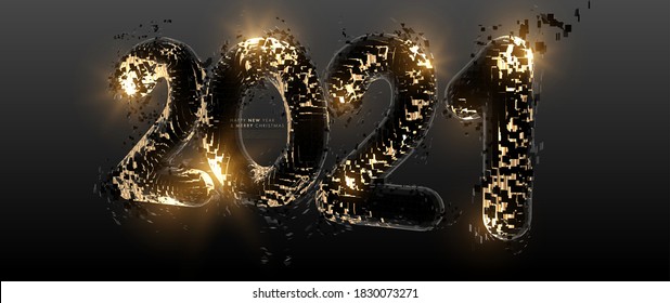 2021 New Year holiday night party invitation template with golden glitter, glowing sparkles and 3d effect. Christmas festive dynamic design with motion elements. Vector illustration