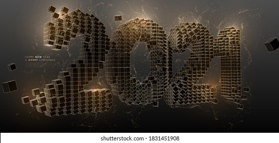 2021 New Year holiday night party invitation template with golden glitter, glowing sparkles and 3d effect. Christmas festive dynamic design with motion elements. Vector illustration