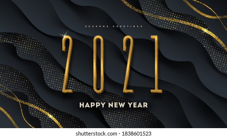 2021 new year illustration. Greeting design with golden  number of year on a abstract black layered background. Design for invitation, calendar, greeting card, etc.