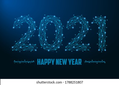 2021 New Year illustration made by points and lines, polygonal wireframe mesh on night sky, dark blue background. Low poly greeting card. Vector.
