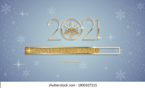 2021 New Year loading luxury template. Vector golden 2021 New Year loading sparkling sign under falling golden snow