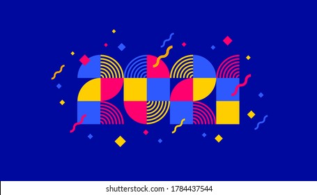 2021 new year logo composed from geometric shapes. Greeting design with multicolored number of year. Design for greeting card, invitation, calendar, etc.