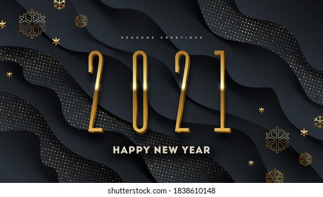 2021 new year logo. Greeting design with golden number of year and snowflakes on a abstract black layered background. Design for  invitation, calendar, greeting card, etc.