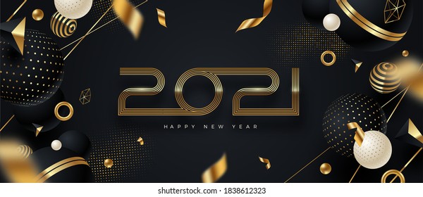 Logo del año nuevo 2021. Diseño de bienvenida con un número dorado de año y formas abstractas en negro y oro. Diseño para invitación, calendario, tarjeta de felicitación, etc.