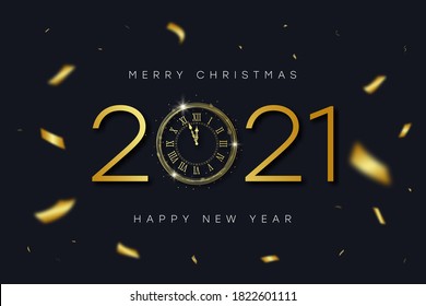 2021 New Year and Merry Christmas banner with gold vintage clock with Roman numerals and golden confetti. Shiny text and clock-face dial with eve for New Year. Vector illustration.