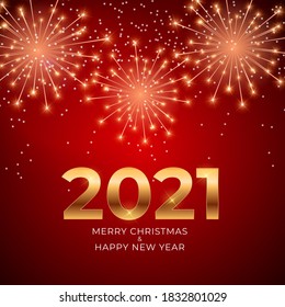 2021 New Year and Merry Christmas Background with Glossy Fireworks. Vector Illustration EPS10