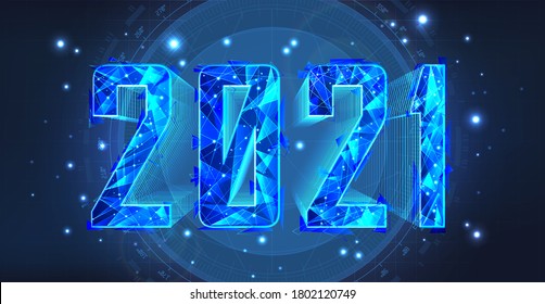 2021 New Year in modern futuristic style with 3D numbers polygonal. Web banner Happy New Year for tech, science, modern, web events and activities. 2021 digital poster HUD, UI, UX. Vector illustration