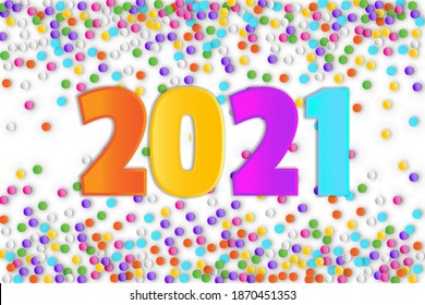 2021 New Year Multicolored Numbers with Colorful Confetti. Winter Holidays Greeting Card for Seasonal Flyers and Banners, Vector Illustration