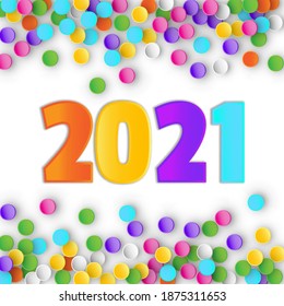 2021 New Year Multicolored Numbers with Colorful Confetti. Winter Holidays Greeting Card for Seasonal Flyers and Banners, Vector Illustration