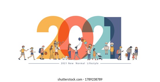 2021 New year with New normal lifestyle ideas concept. People wearing mask in flat big letters design. Vector illustration modern layout template